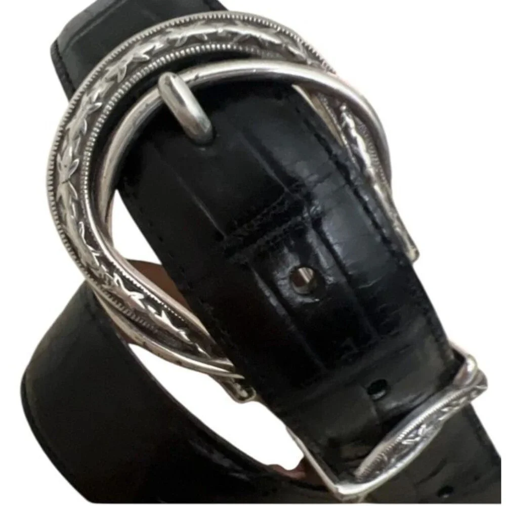 Brighton Womens Belt Black Croc Embossed Leather w Silver Barb Wire Buckle L 34